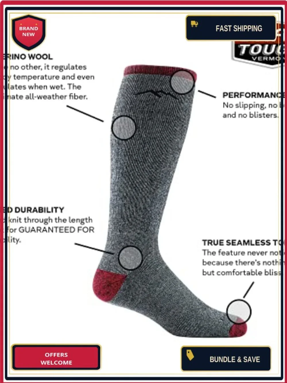 Men's Merino Wool Over Calf Cushion Hiking Socks - Seamless, All Weather
